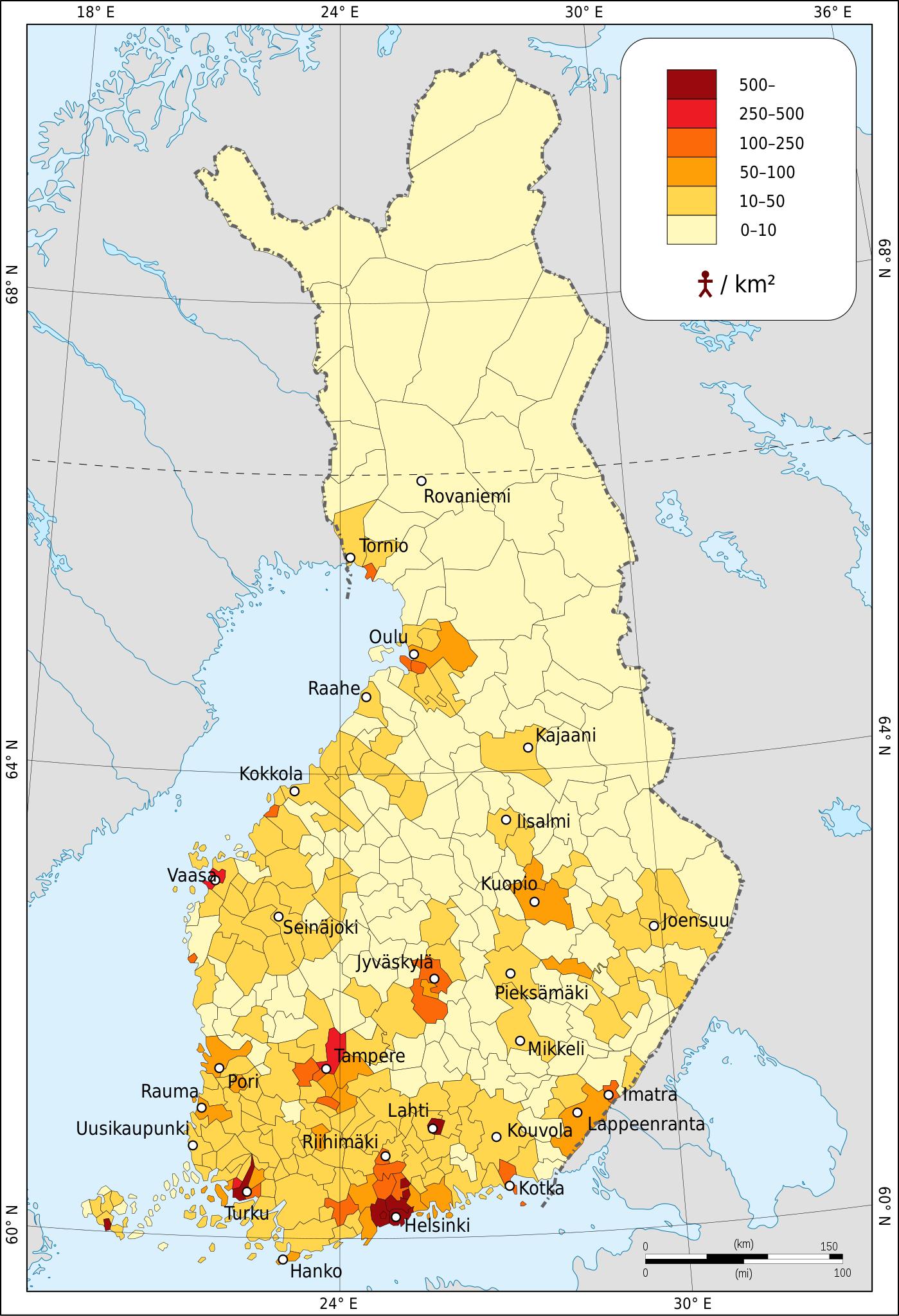 Karte der Bevölkerung von Finnland Bevölkerungsdichte und